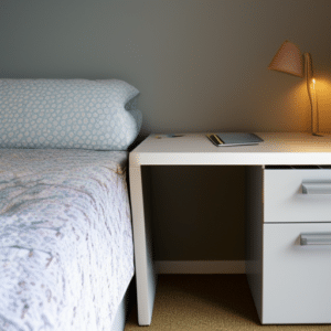 a bedside desk with a lamp