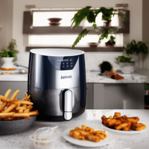 a silver air fryer and two plates of chicken
