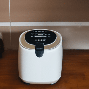 a white air fryer on the wooden table