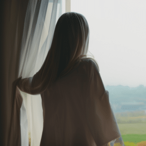 a woman opens the window to air out the curtains