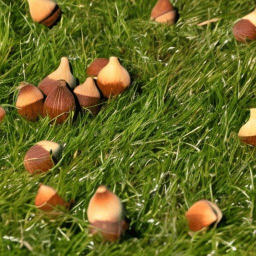A garden filled with stray acorns