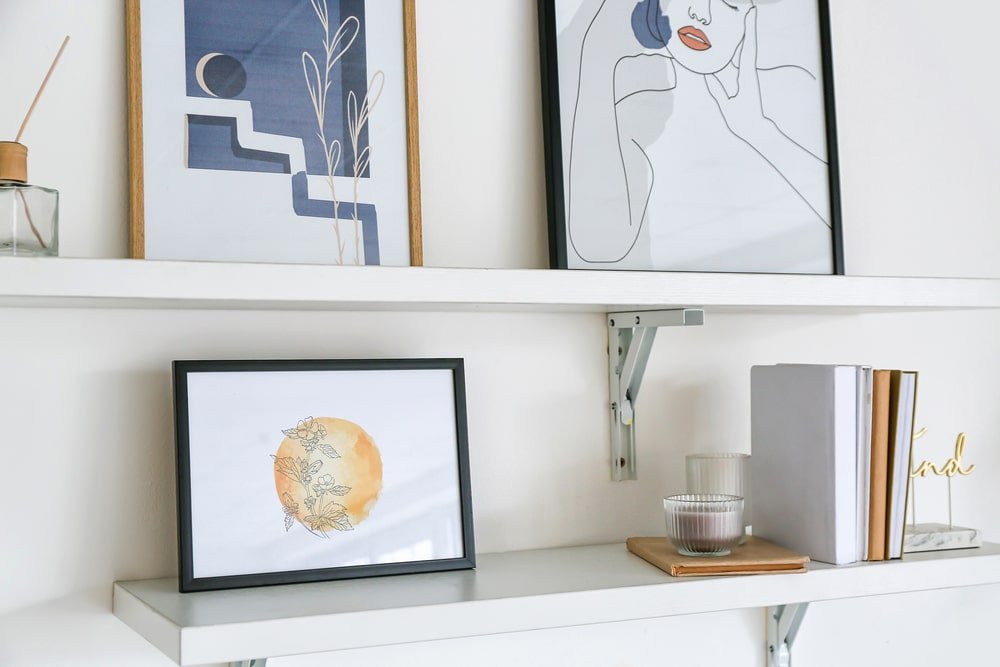 A photo display rack at home