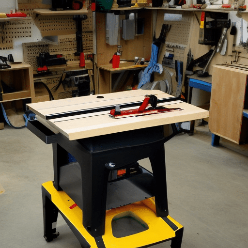 A small router table inside a garage