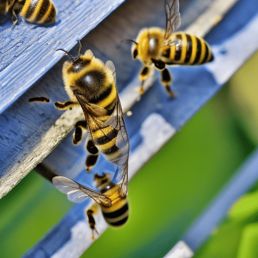 Close up of bees flying around a garden shed