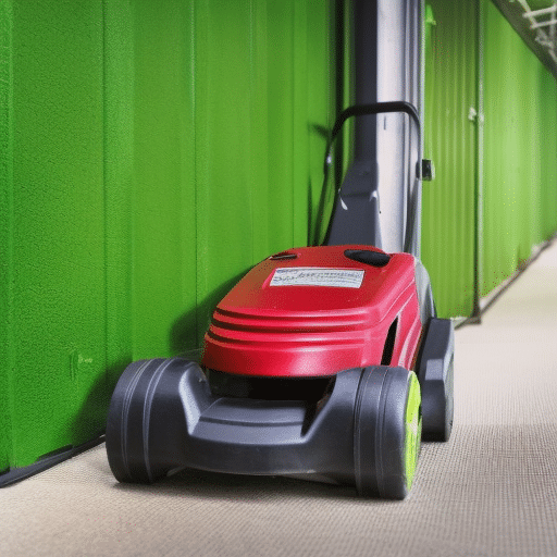 Electric lawnmower inside a storage room