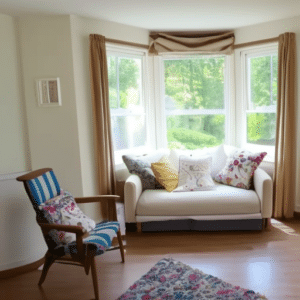 Living room with bay windows