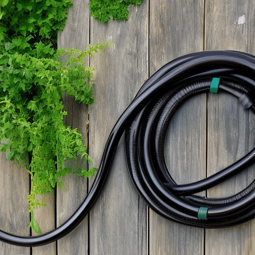 Thick garden hose in wooden fence