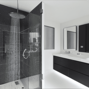 a bathroom with a big round shower
