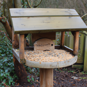 a bird table with a lot of spilled seed
