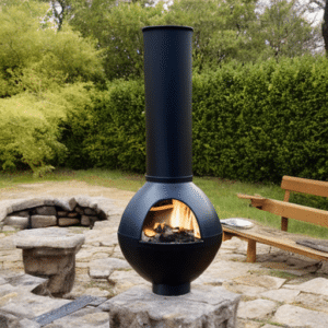 a black chiminea on the bricks