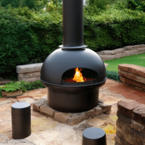 a black wood-burning chiminea