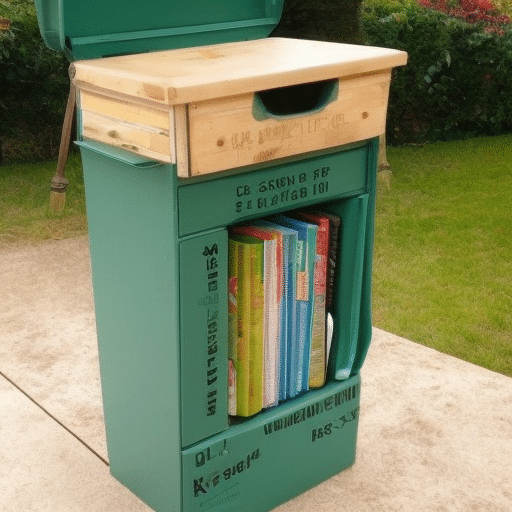 a bookshelf made from a garbage container