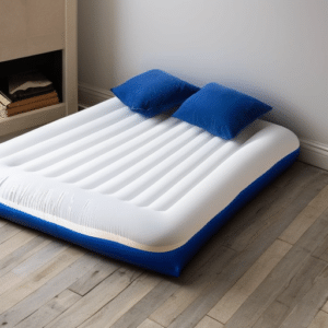 a clean mattress with two bllue pillows