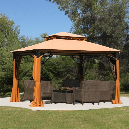 a gazebo with orange fabrics