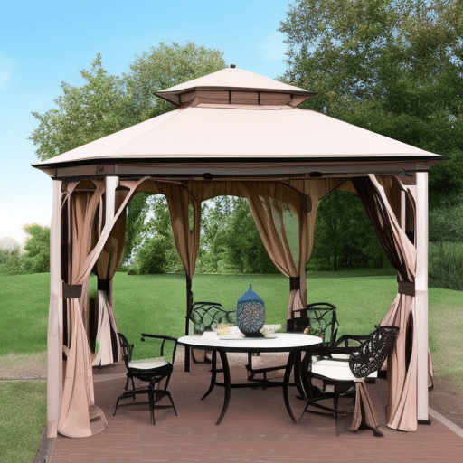 a gazebo with steel chairs and ceramic table