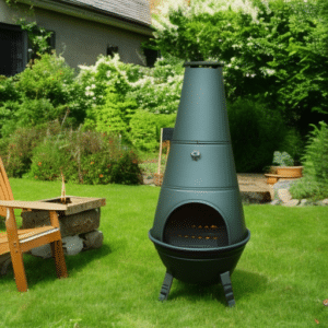 a green chiminea on the grass
