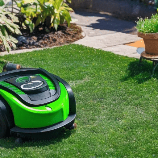 a green robotic mower mowing the lawn