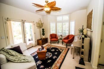 a home area with a white and orange colour theme