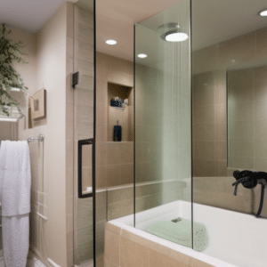 a luxury bathroom with transparent wall