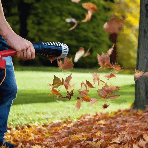 a man blowing leaves in the garden