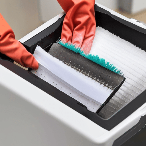 a person with orange gloves cleaning the equipment