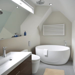 a spacious bathroom with a bathroom heater and vent fan