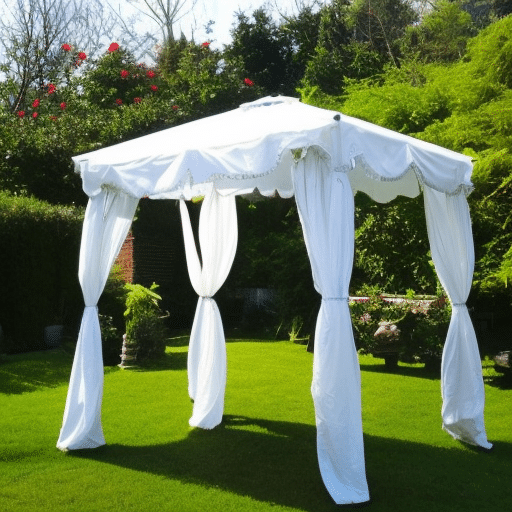 a white canopy in the lawn with white fabric