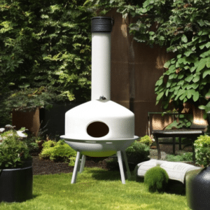 a white chiminea in the garden