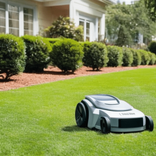 a white robot mower in the garden