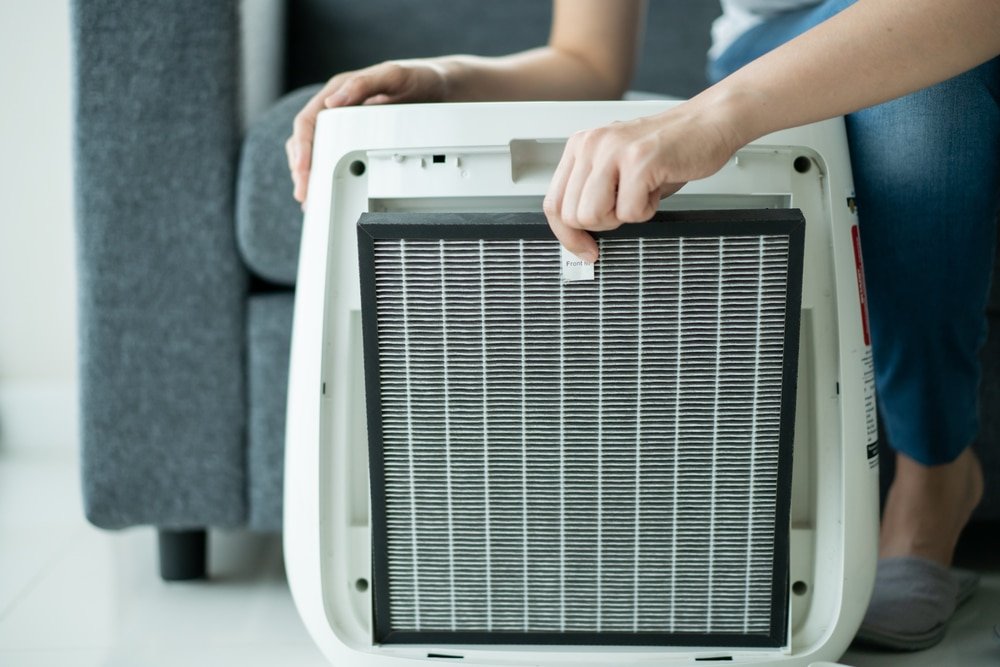 closeup of hand detaching HEPA filter from home appliance