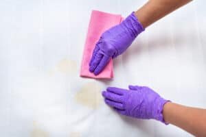 woman in gloves removing bed stains