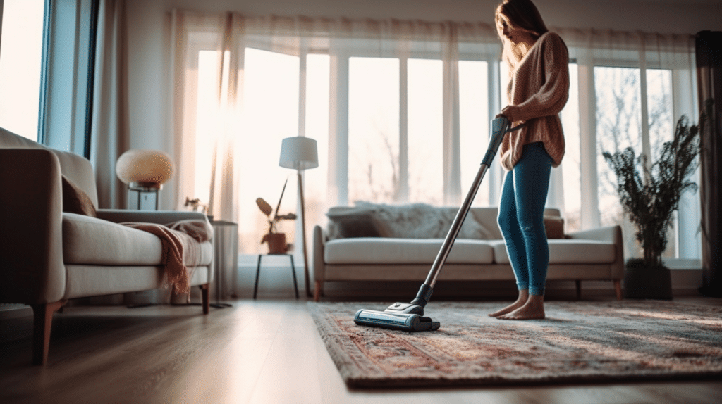 a lady testing a lightweight hoover on carpet