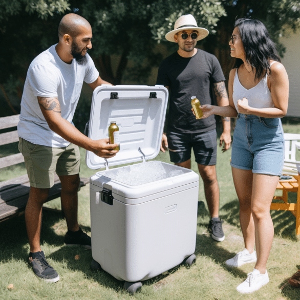 group enjoys cold beverages from electric cooler