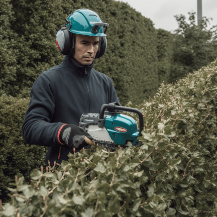 man operating a petrol powered hedge trimmer at work