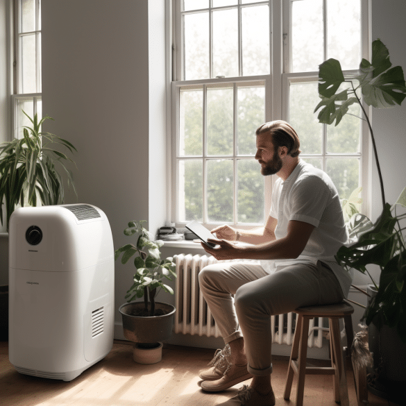 man stays cool with his portable air conditioner
