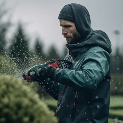 man using a petrol hedge trimmer in the rain