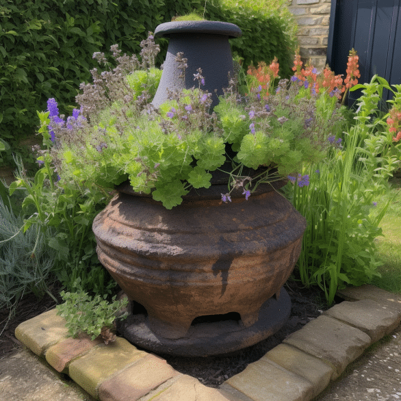 plants are growing out of a clay chiminea