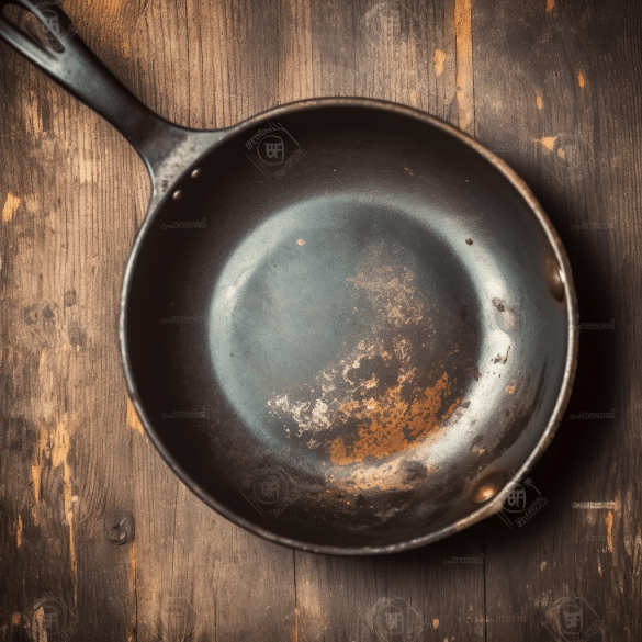 rusty frying pan sits on kitchen shelf