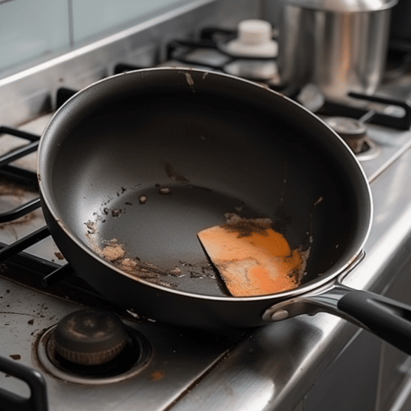 the kitchen suffers from unclean frying pans
