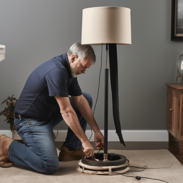 the man ensures the floor lamp remains stable