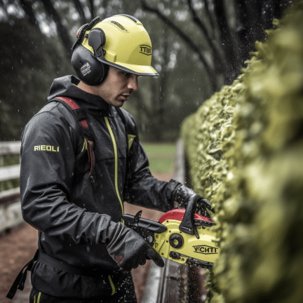 the man expertly shaped the hedges using a petrol powered hedge trimmer