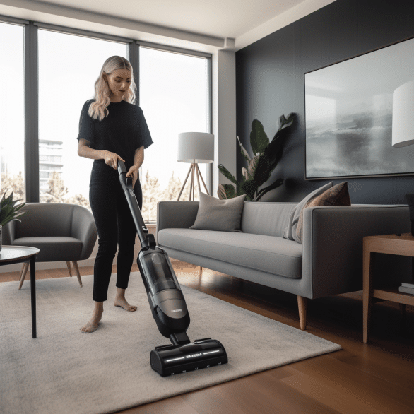 the woman easily maneuvers the vacuum around living room