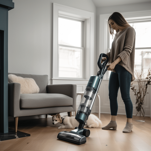 the woman efficiently sucks up dust with her vacuum cleaner