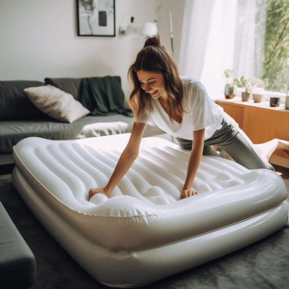 woman adjusts the air mattress for comfort