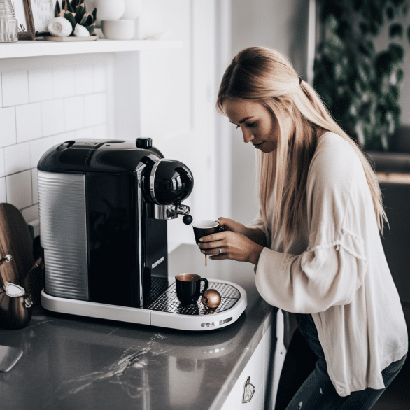 woman brews coffee with nespresso in her kitchen