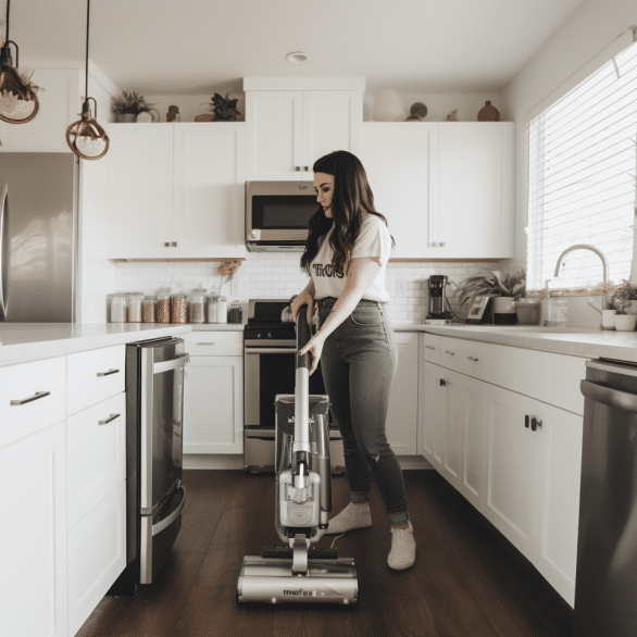 woman effortlessly cleans the floor using an upright vacuum