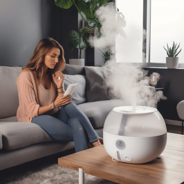 woman improves air quality using living room humidifier