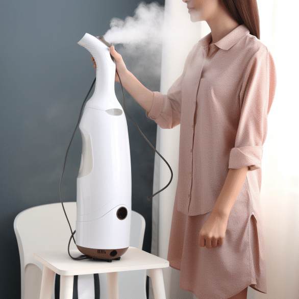 woman uses distilled water in her garment steamer