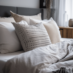 A latex pillow rests on a neatly made bed