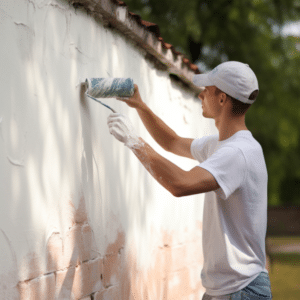 Man using a paint roller to paint an exterior wall